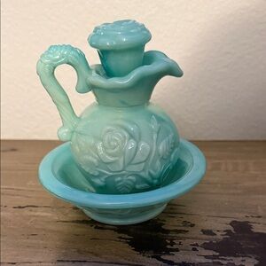 Vintage Style Aqua Glass Pitcher and Bowl Set